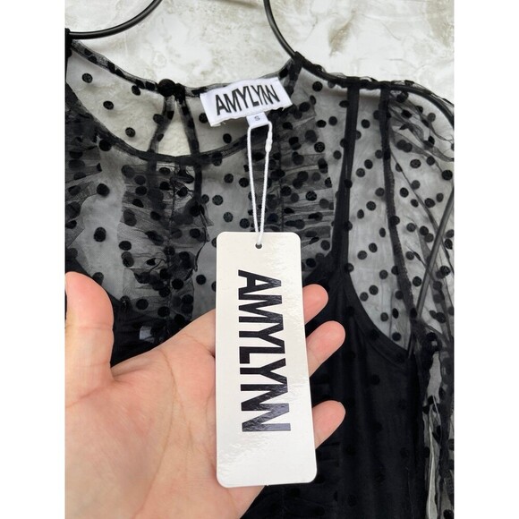 Amy Lynn Dover Tiered Mesh Dress in black with a polka dress size Small - Picture 7 of 13